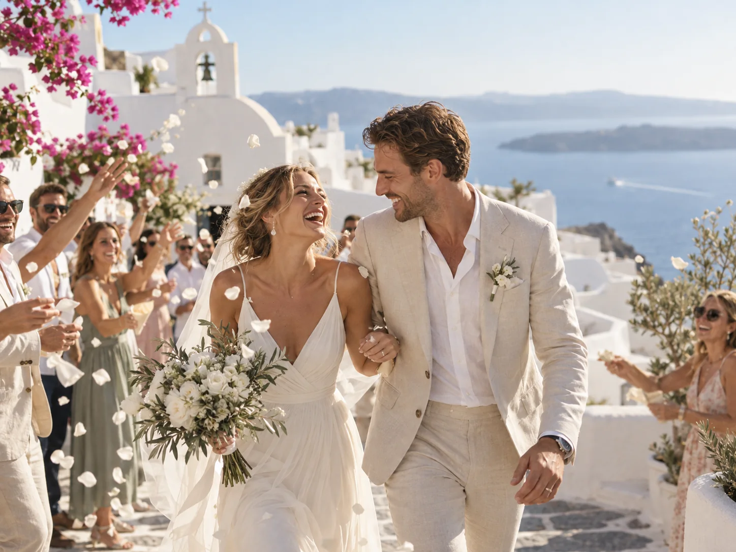 Joyful newlywed couple walking through a Greek island wedding celebration